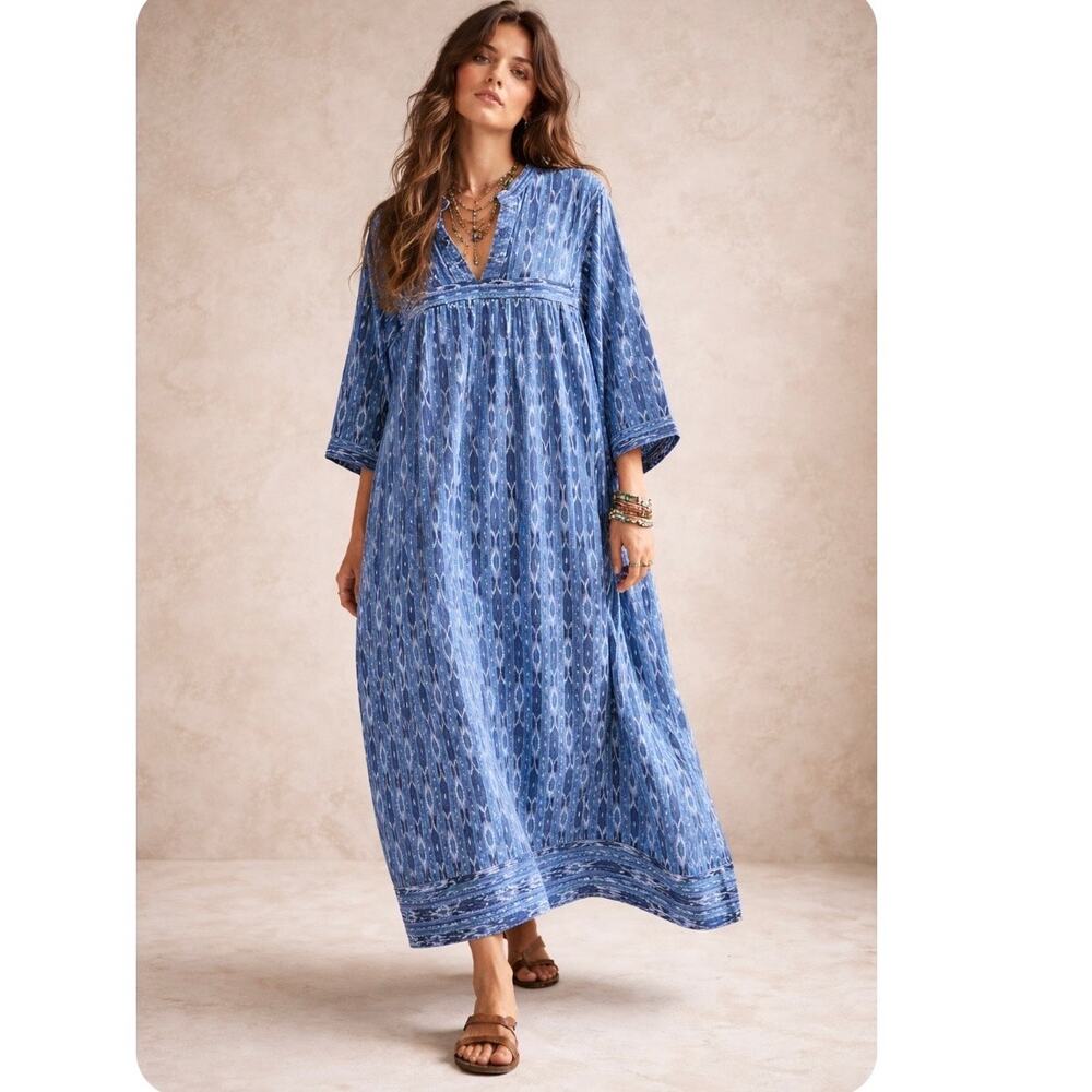 Vintage Blue Ikat Cotton Maxi Kaftan Dress Boho Resort MuuMuu